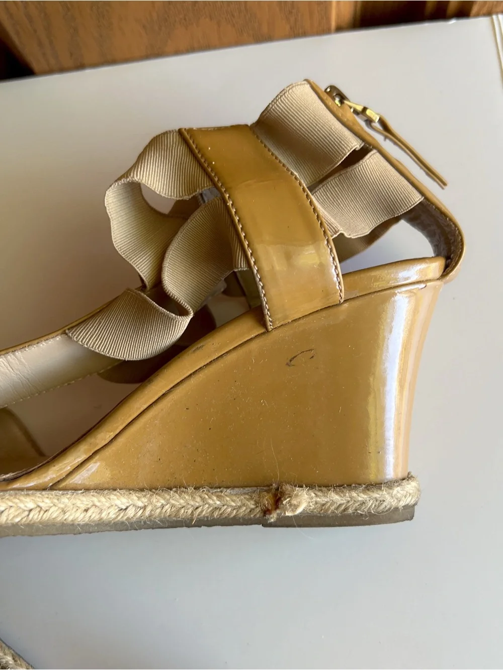 Fendi Patent Leather T-Strap Wedge Sandals Tan Beige EU 35.5